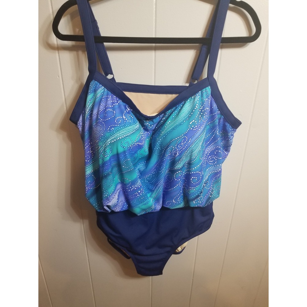 Amoena Women's Sz 22 Blue/Green Abstract Print One Piece Swimsuit Beachy 80's